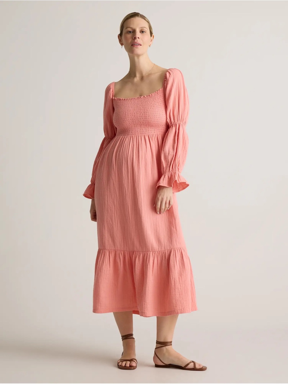Quince Women's Smocked Bodice Long Sleeve Midi Maternity Dress - Coral pink - Picture 7 of 11